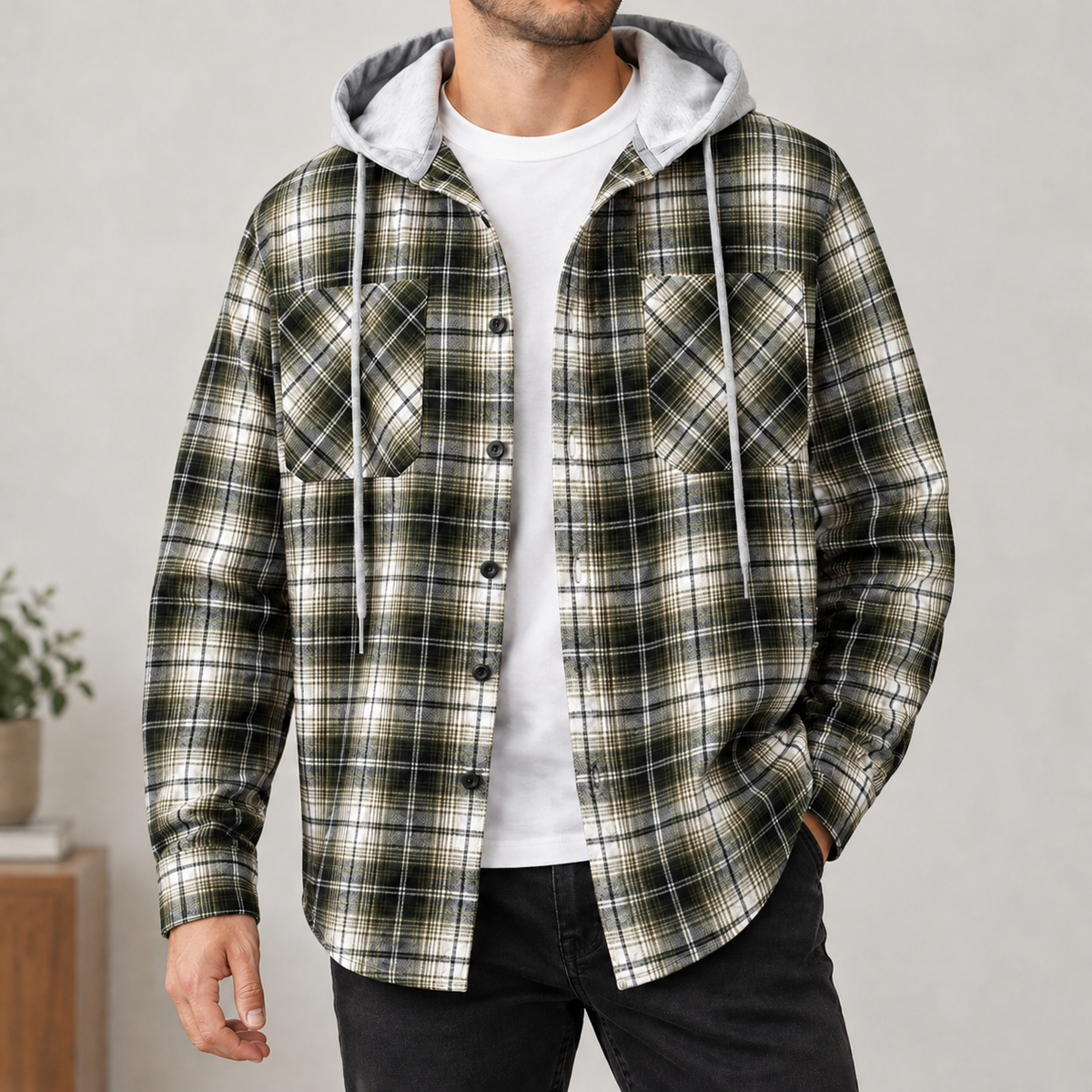 Gilberto Hooded Overshirt - Army Green Plaid