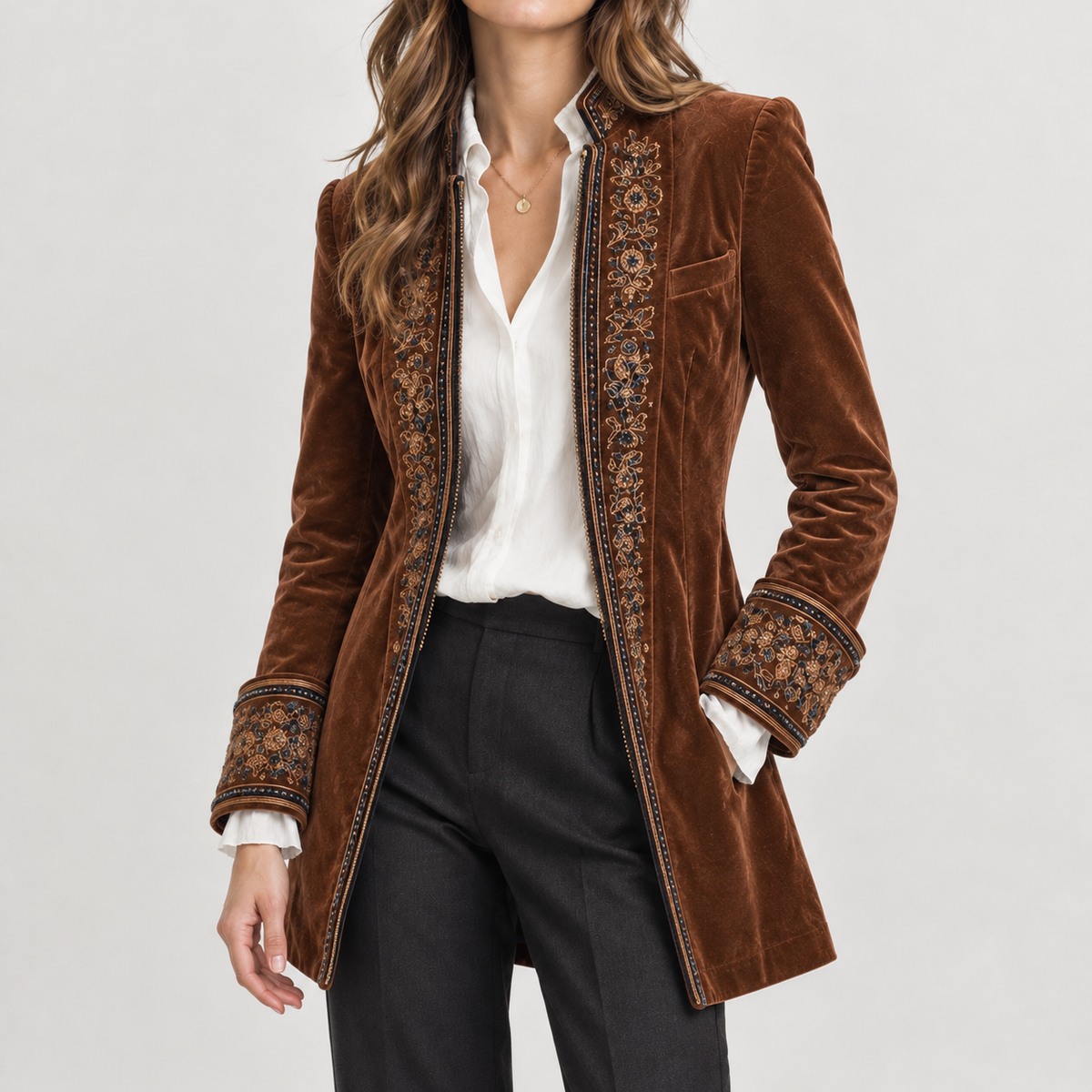 Felicie Embroidered Velvet Jacket - Brown