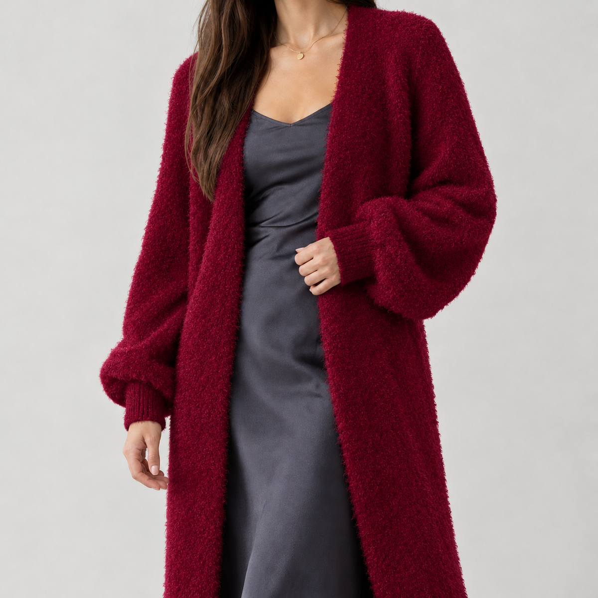 Fabiola Fuzzy Longline Cardigan - Burgundy