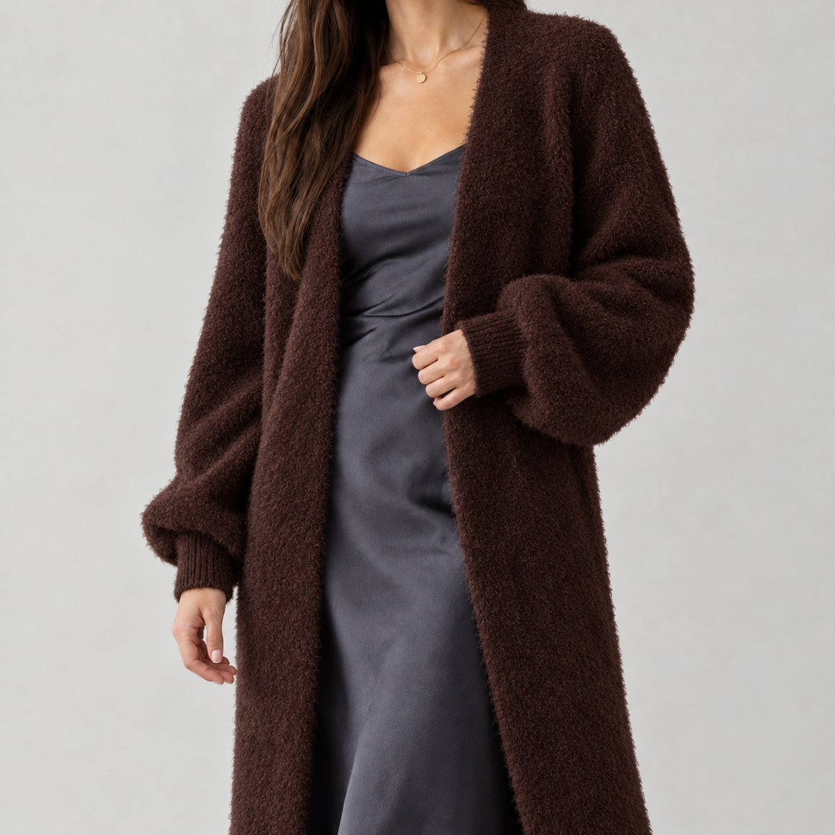 Fabiola Fuzzy Longline Cardigan - Brown
