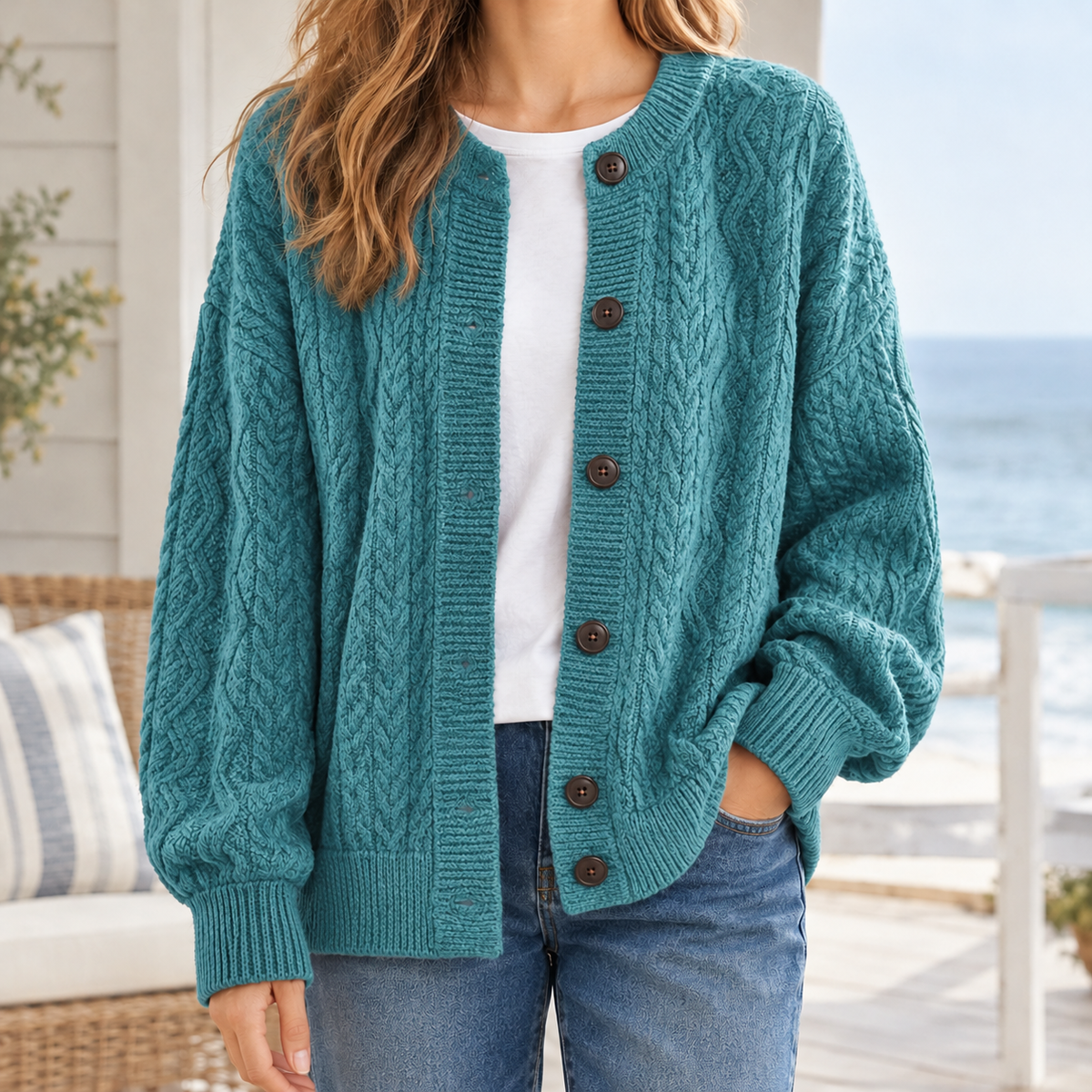 Althea Cable Knit Cardigan - Blue