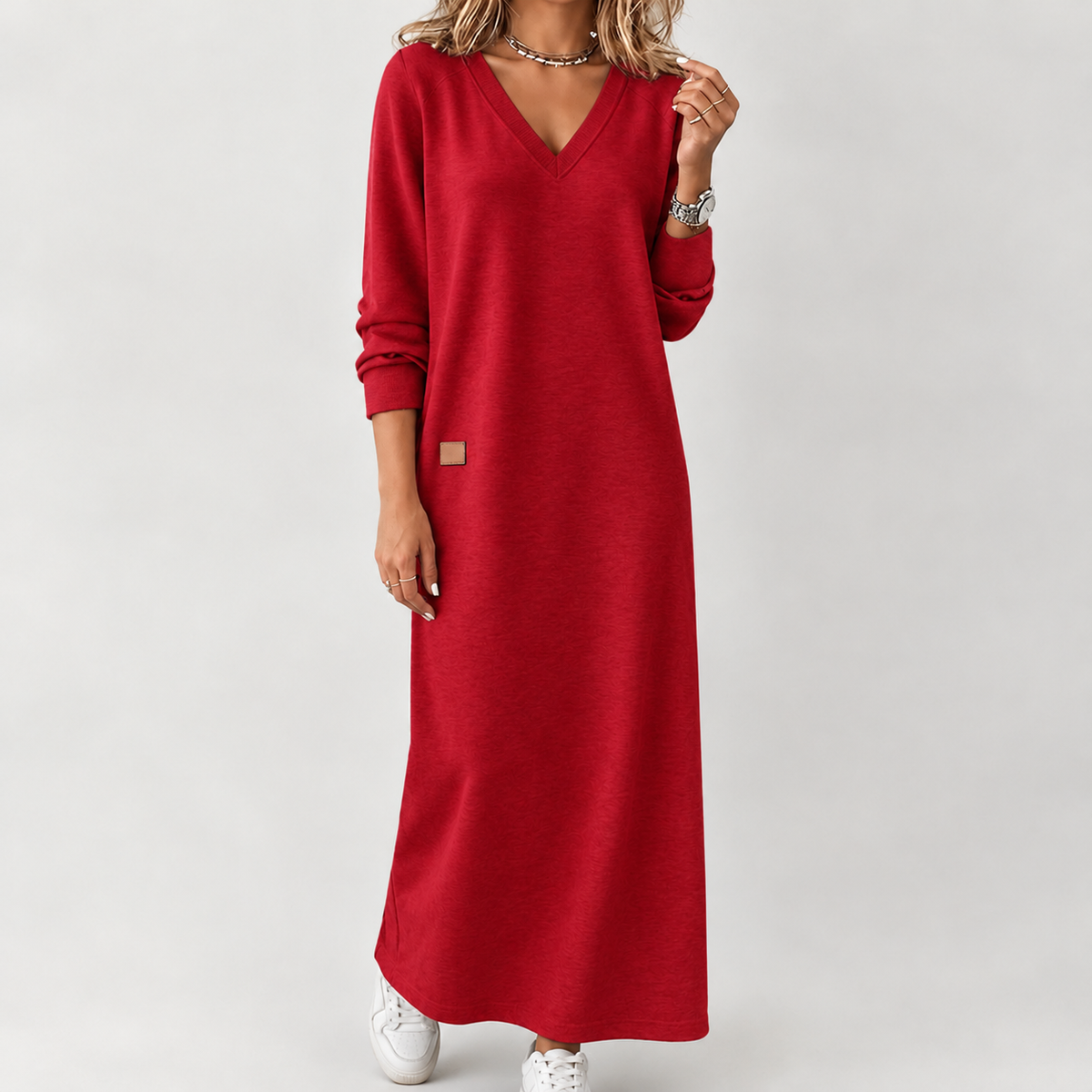 Engla V Neck Dress - Red