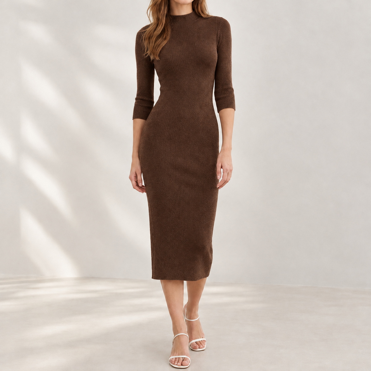 Anette Ribbed Midi Dress - Dark Brown