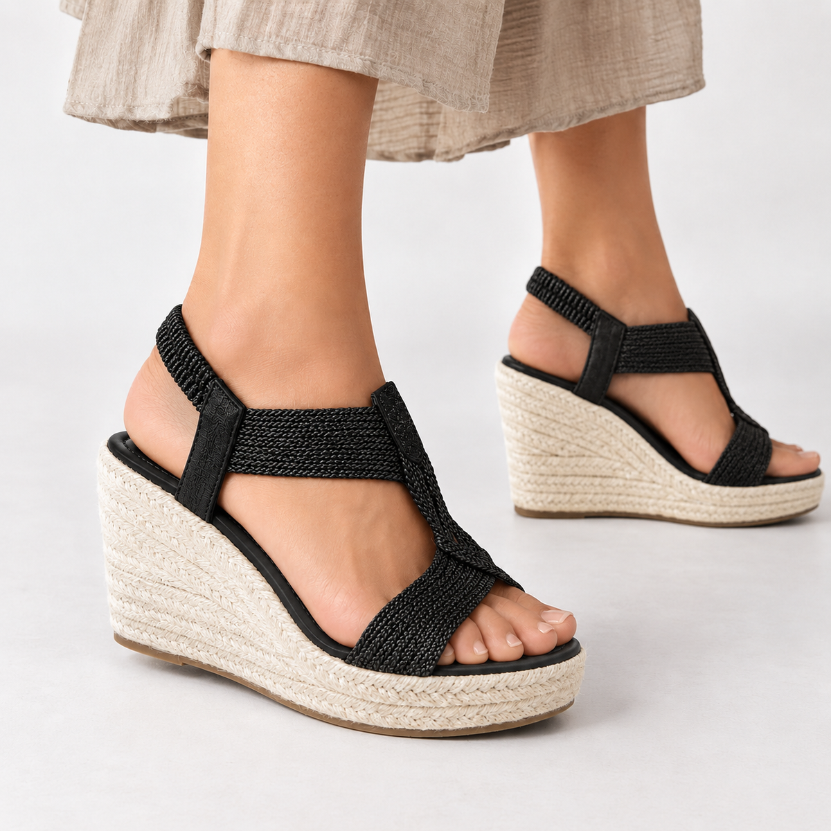 Grimaldi Woven Wedge Sandals - Black