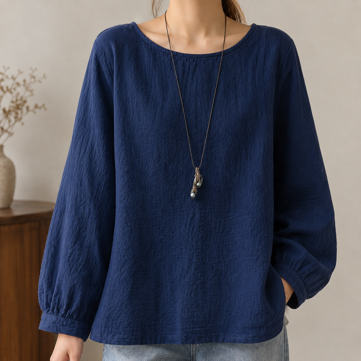 Alvina Round Neck Top - Navy Blue