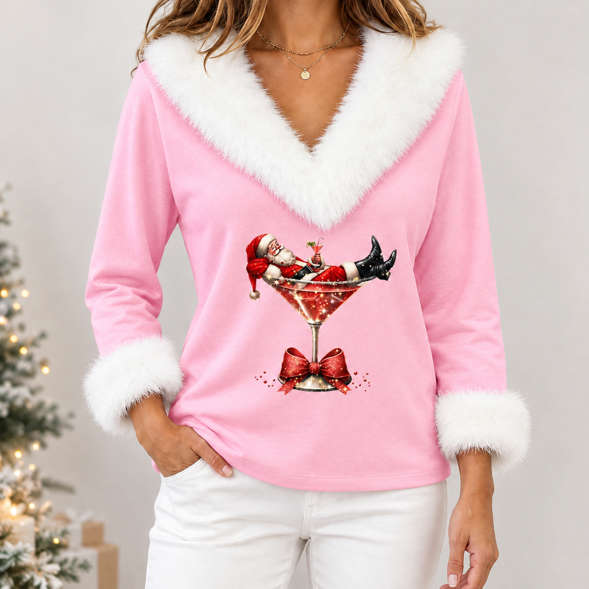 Sandrine Festive V Neck Top - Pink