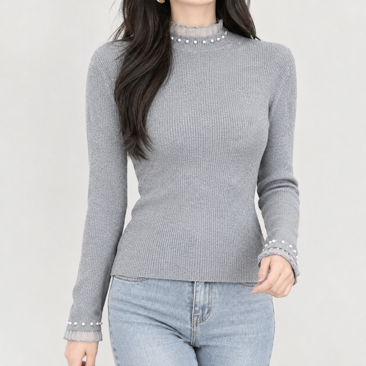 Rose Pearl Trim Sweater - Gray