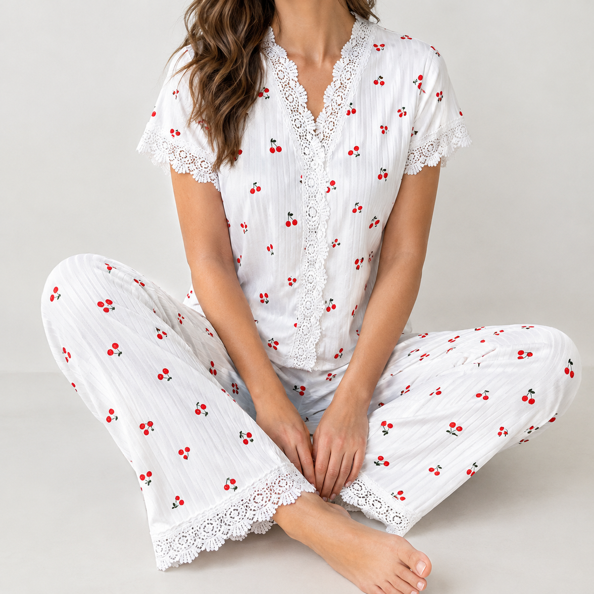 Charlene Lace Trim Pajama Set - Red Cherries On A White Background