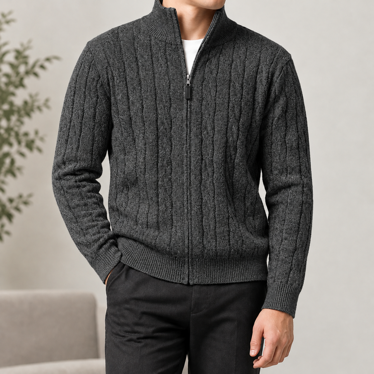 Alfio Cable Knit Sweater - Dark Gray