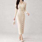Gloria Wrap Midi Dress - Beige White