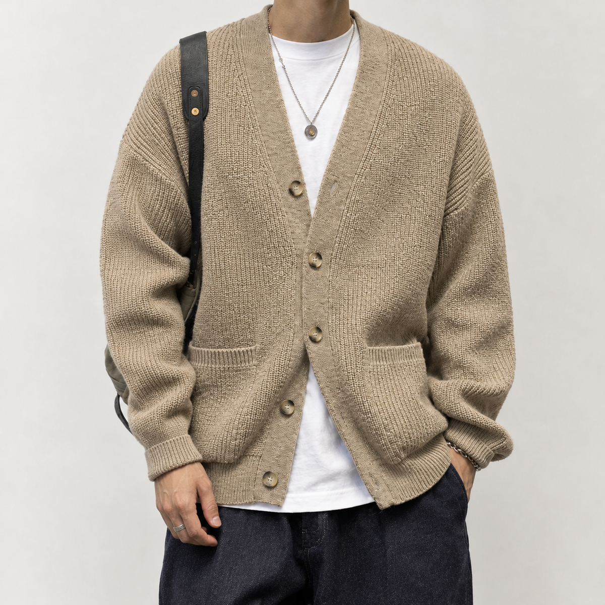 Fannar Textured Knit Cardigan - Khaki