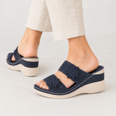 Loreto Floral Wedge Sandals - Navy Blue