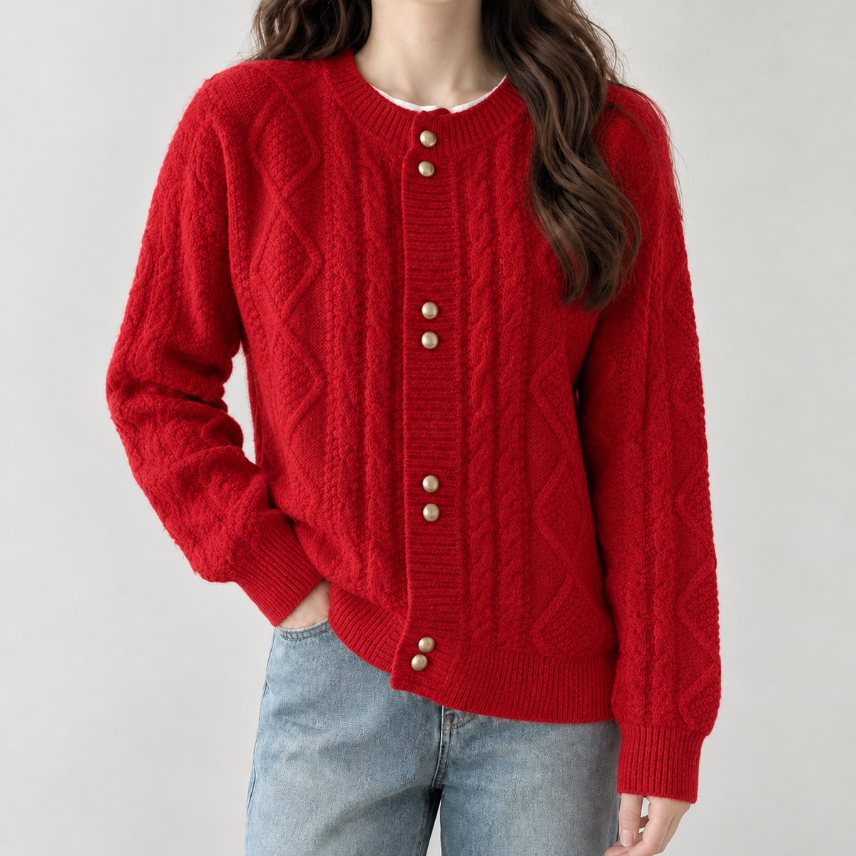 Bjarney Cable Knit Cardigan - Red