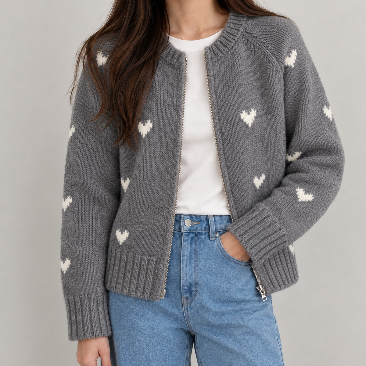 Elfriede Heart Knit Cardigan - Gray