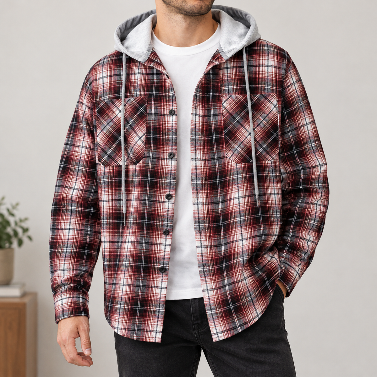 Gilberto Hooded Overshirt - Red Grid