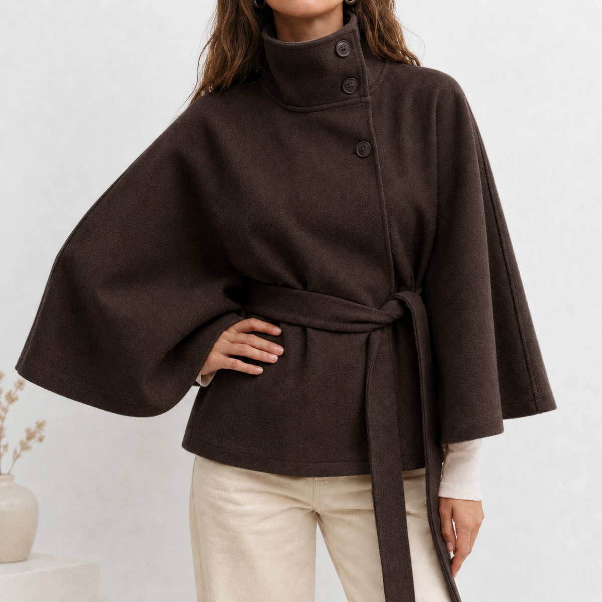Ronja Stand Collar Cape Jacket - Brown