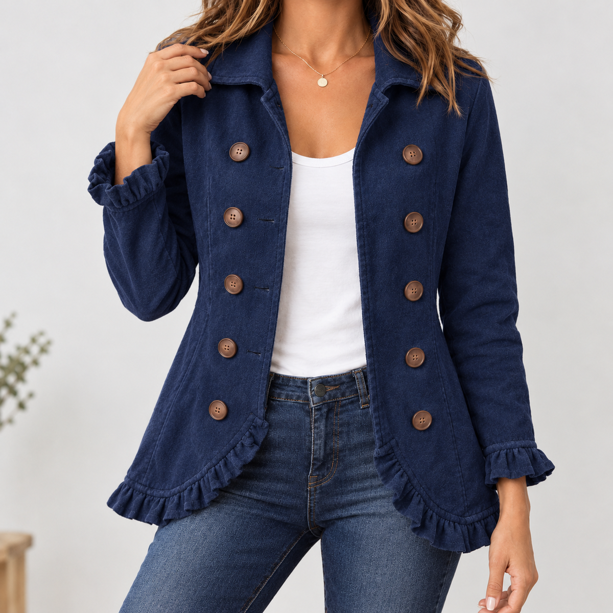 Alexandra Ruffle Trim Jacket - Dark Blue