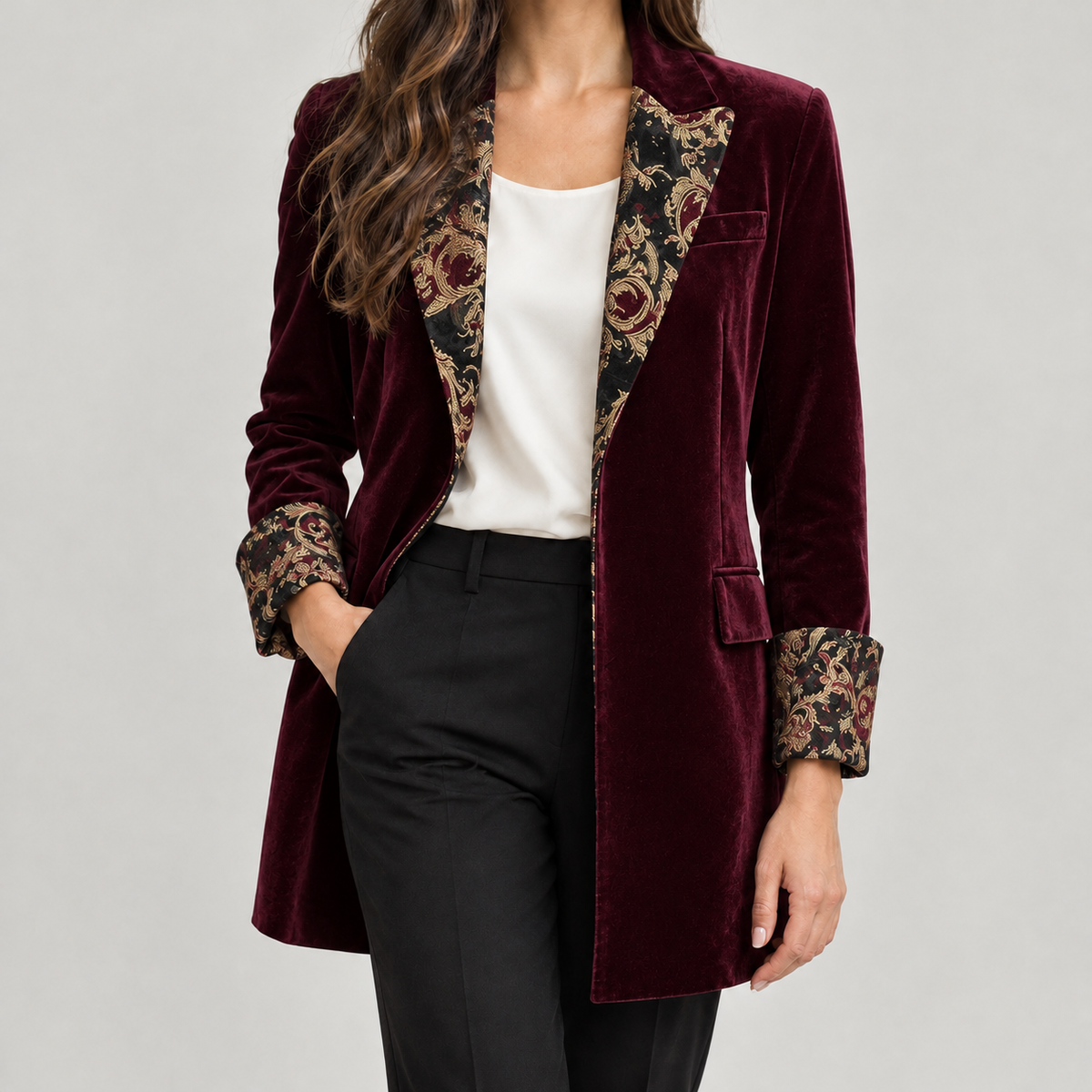 Cathrin Floral Lapel Blazer - Burgundy