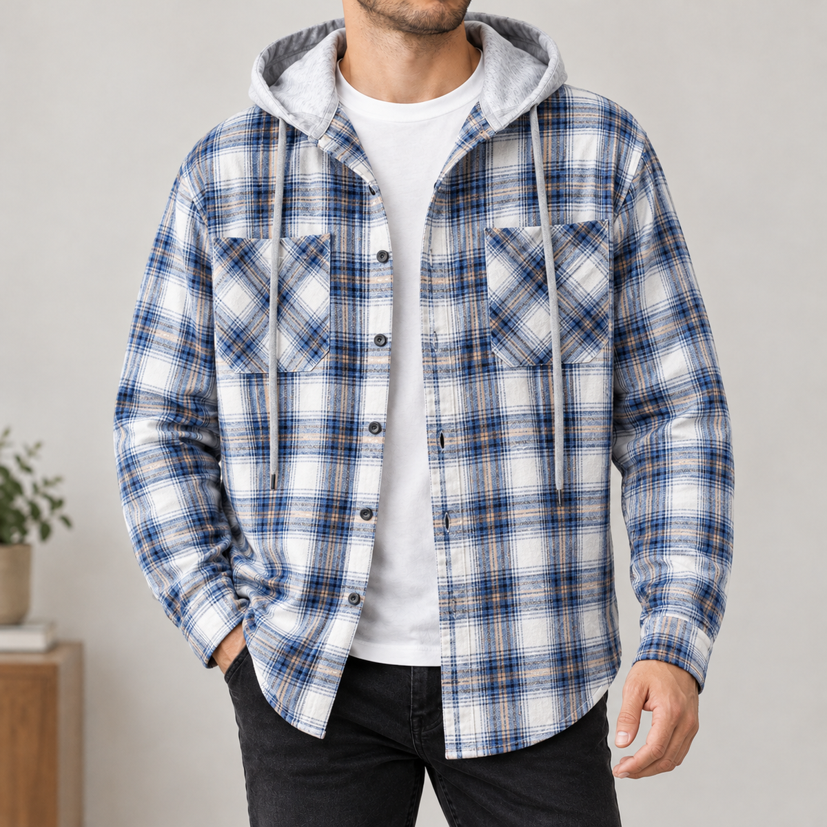 Gilberto Hooded Overshirt - Blue Grid
