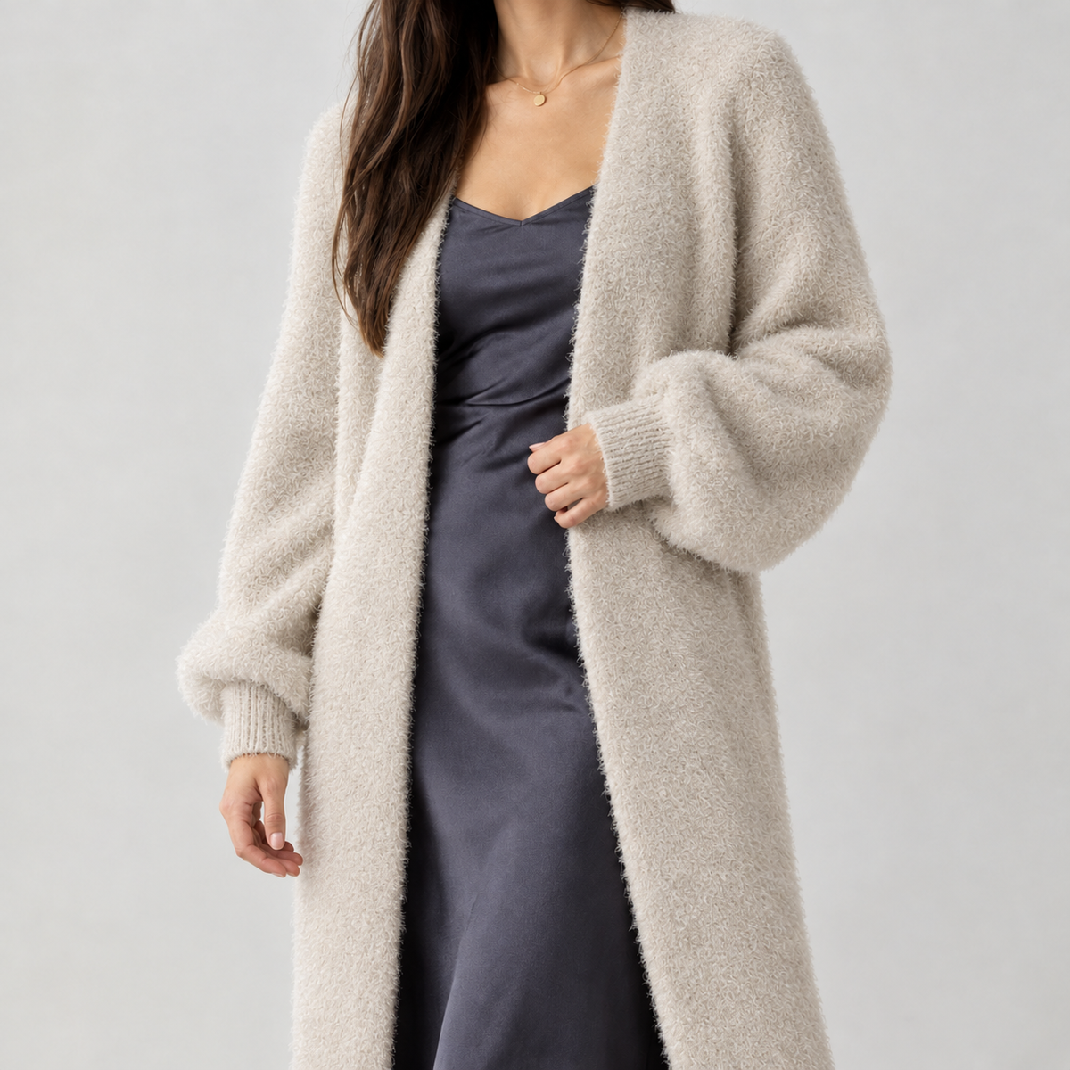 Fabiola Fuzzy Longline Cardigan - Khaki