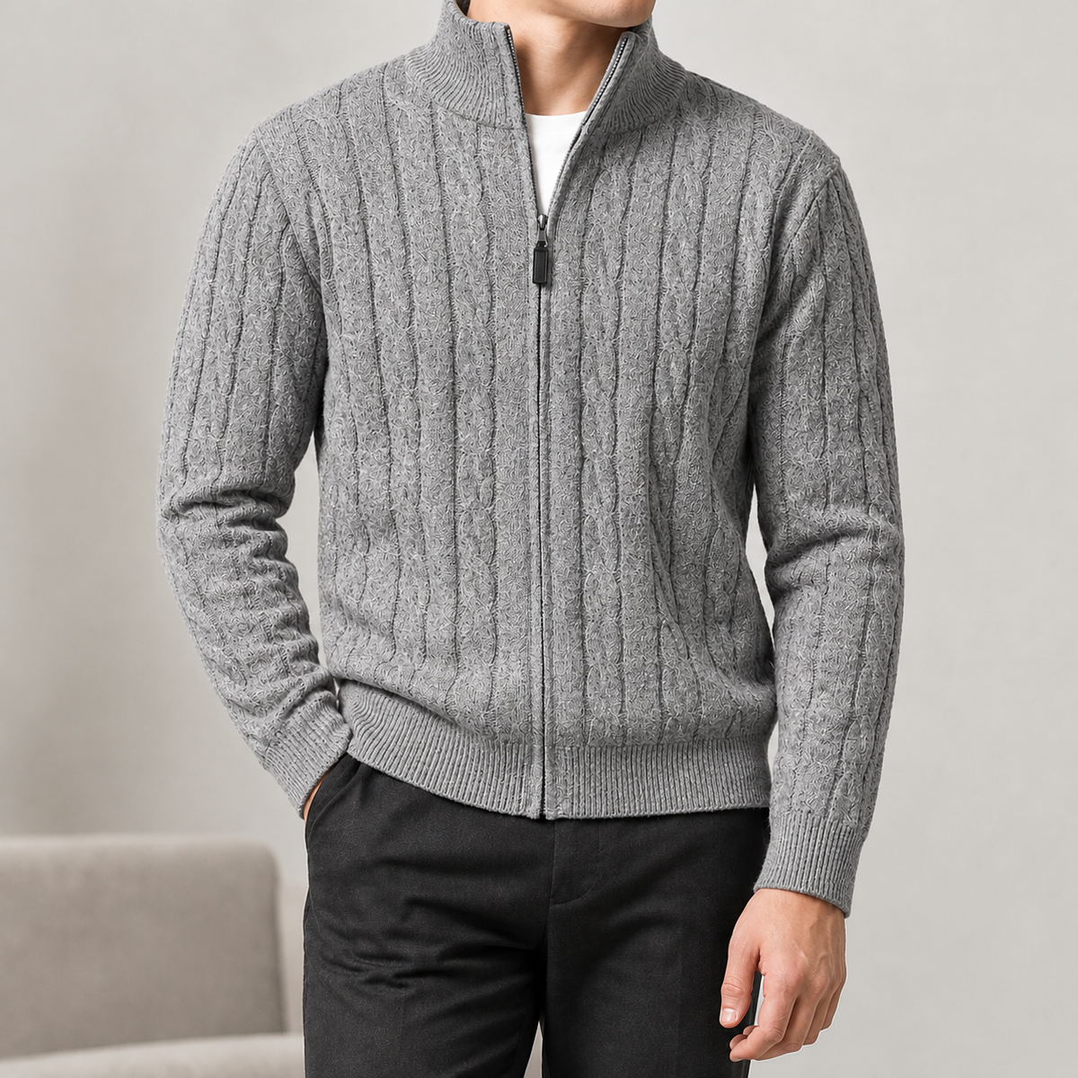 Alfio Cable Knit Sweater - Medium Gray