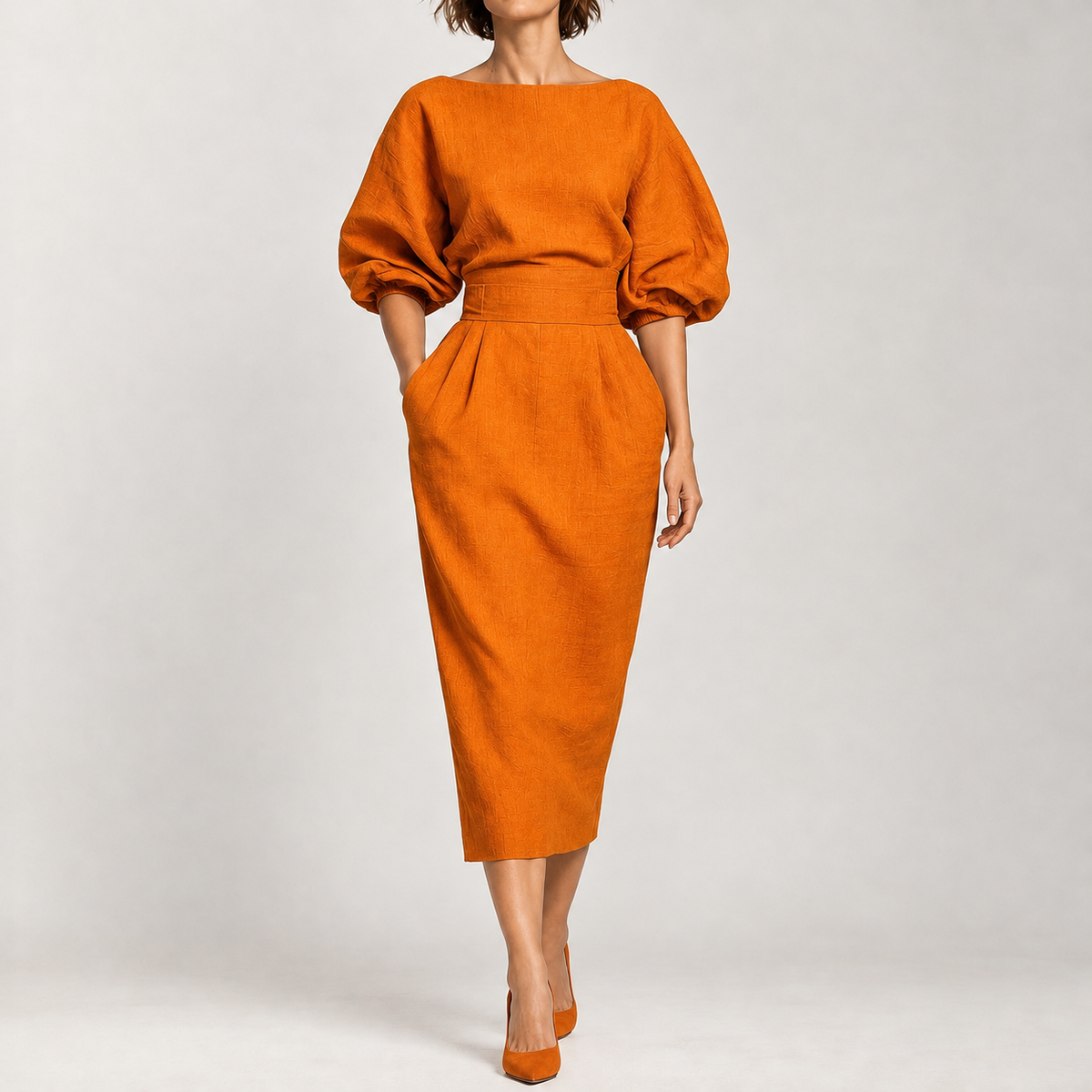 Anke Pleated Midi Dress - Orange