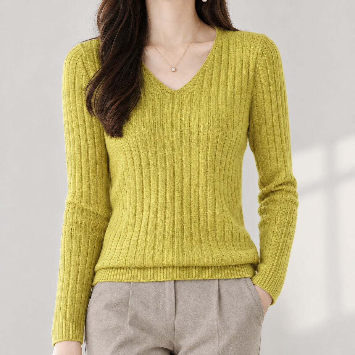 Aline V Neck Sweater - Leaf Yellow