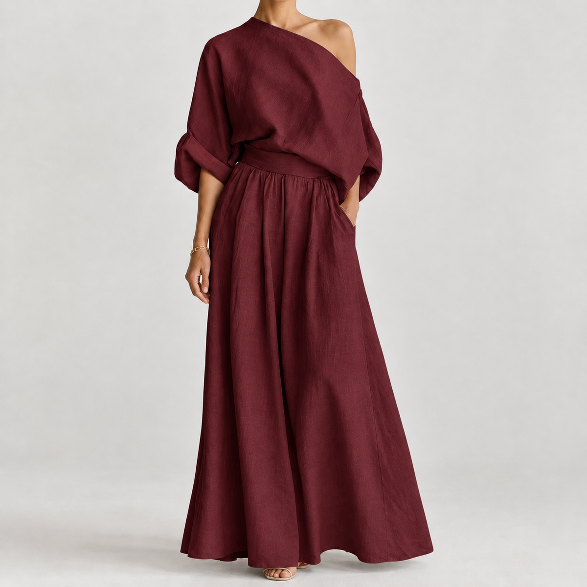 Rosaria Off Shoulder Skirt Set - Wine Red