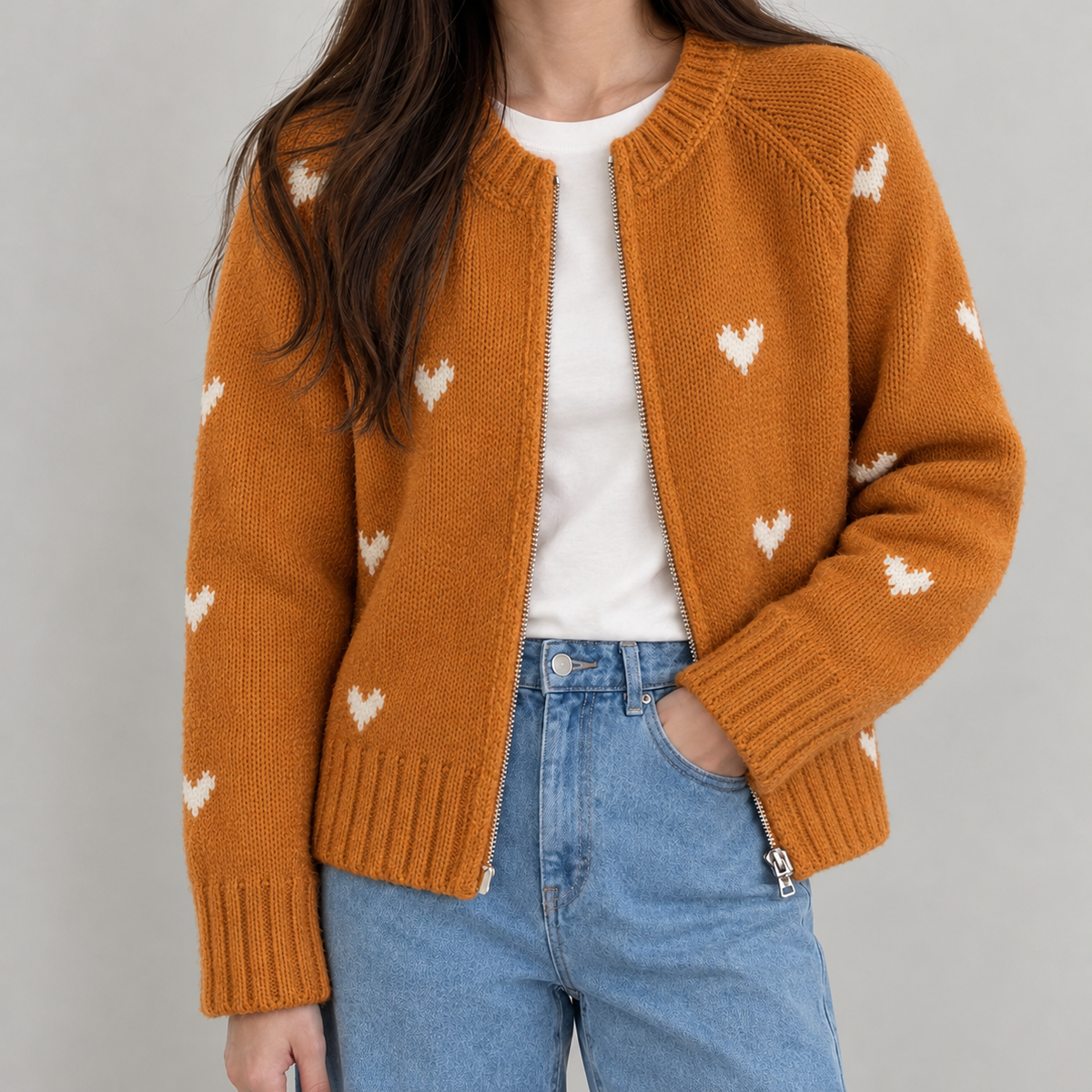 Elfriede Heart Knit Cardigan - Orange