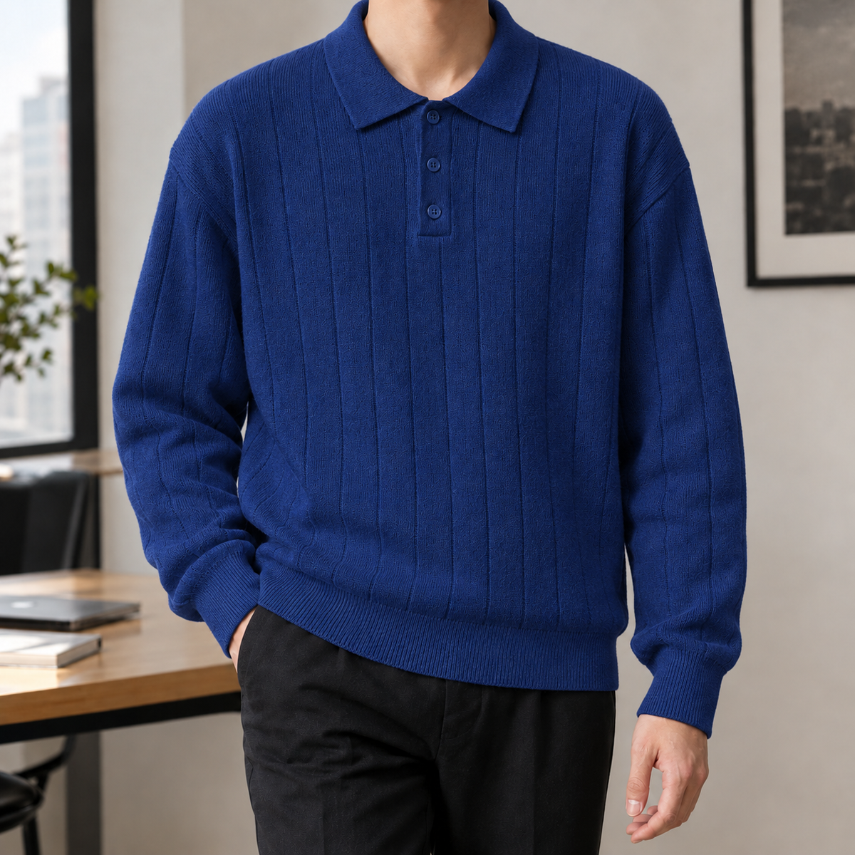 Eugenio Ribbed Polo Sweater - Royal Blue