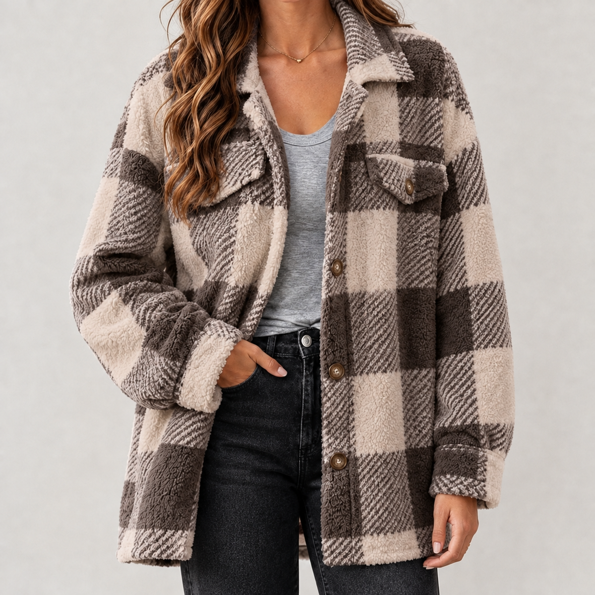 Maribel Plush Plaid Jacket - Brown