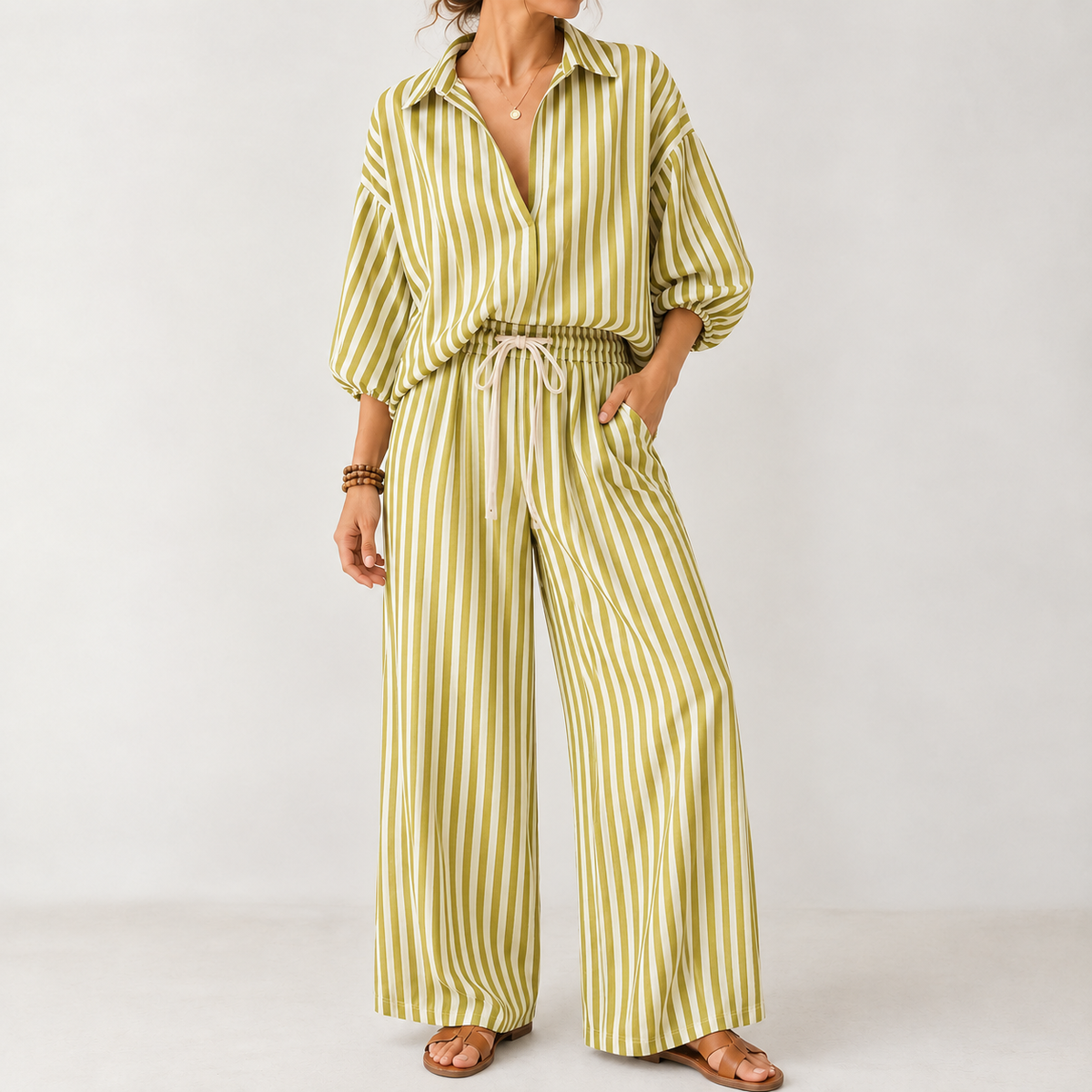 Elva Wide Leg Set - Yellowish Green
