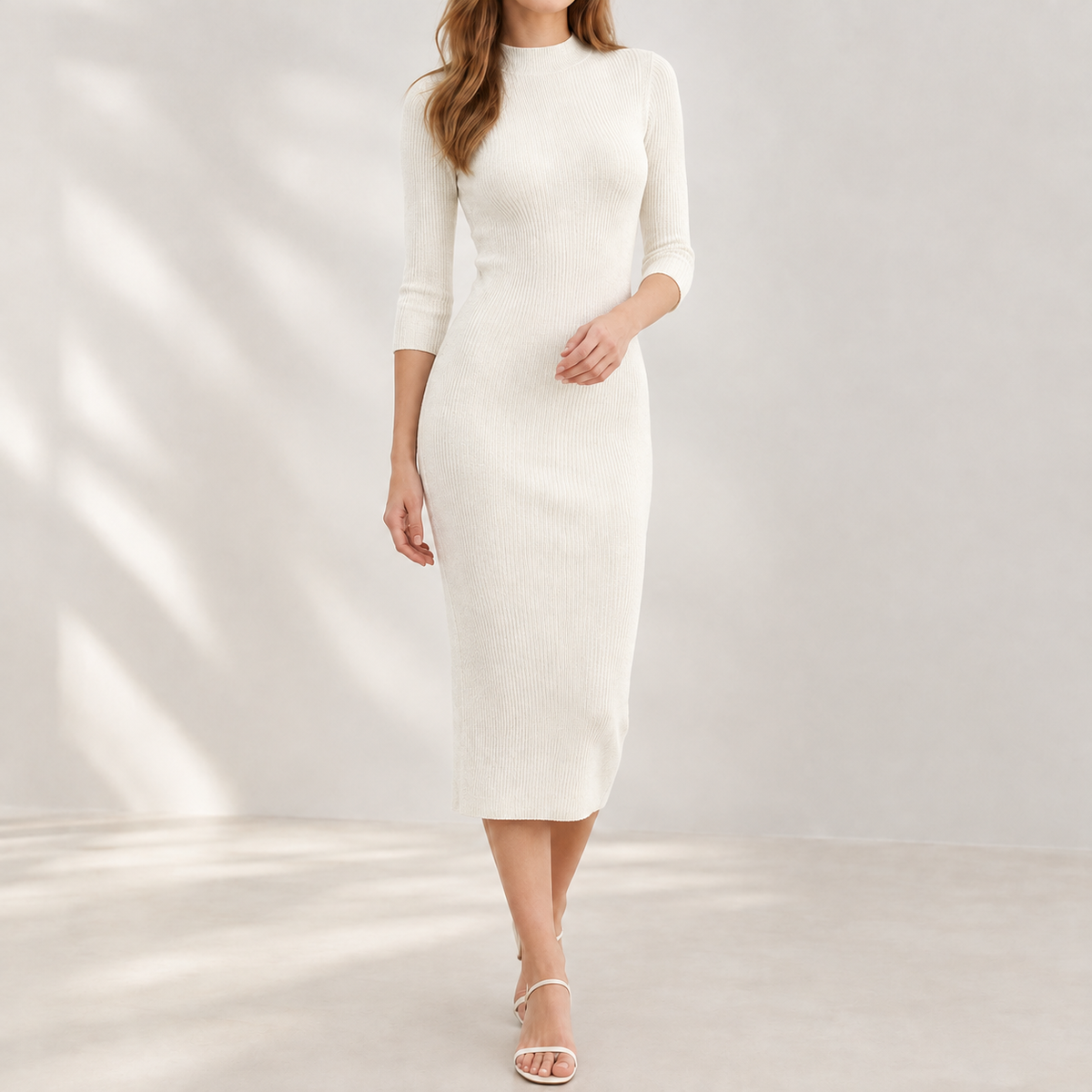Anette Ribbed Midi Dress - Milky White