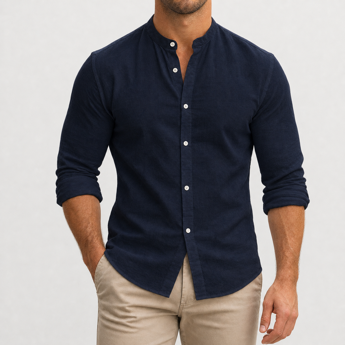 Didier Band Collar Shirt - Navy Blue