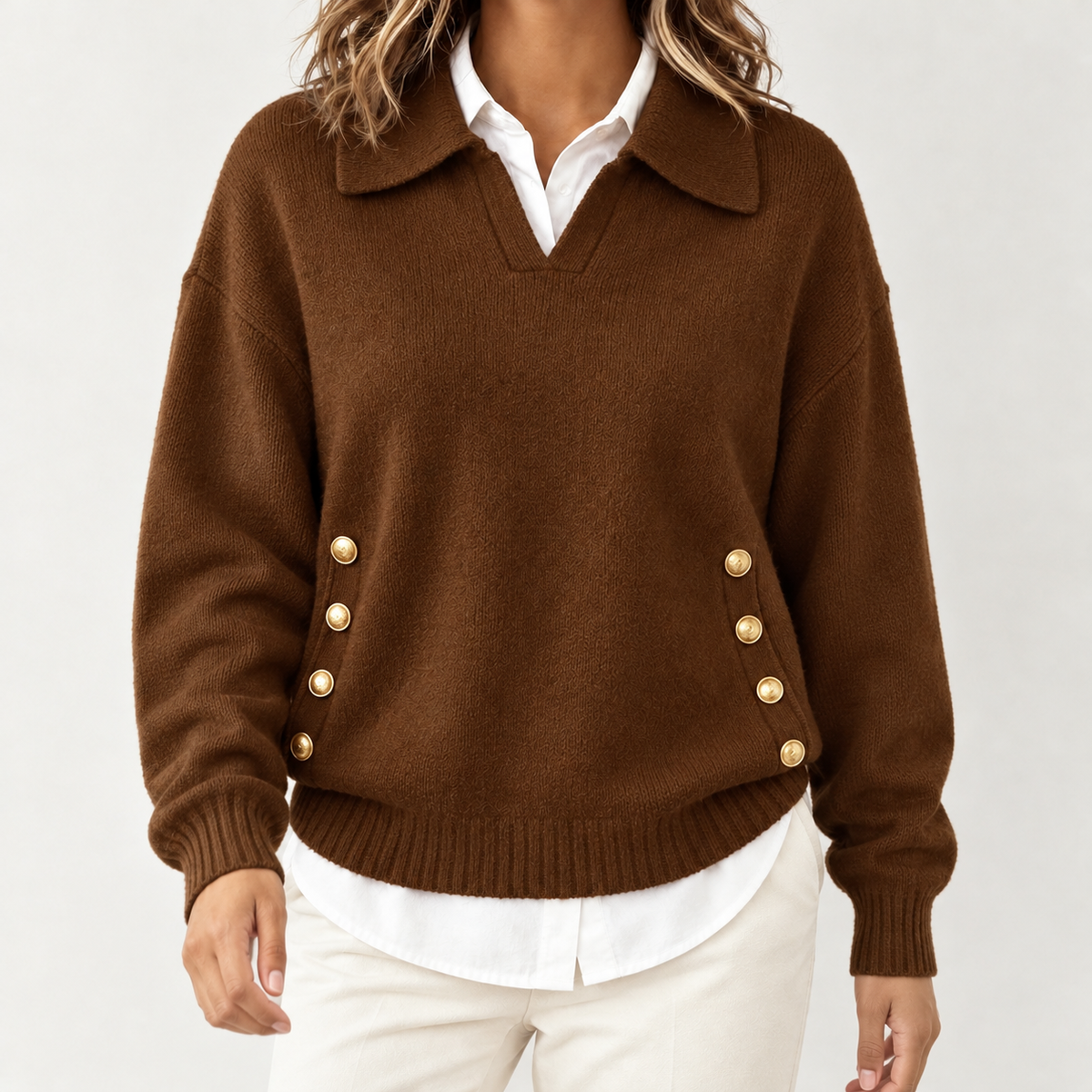 Arielle Collared Knit Top - Brown