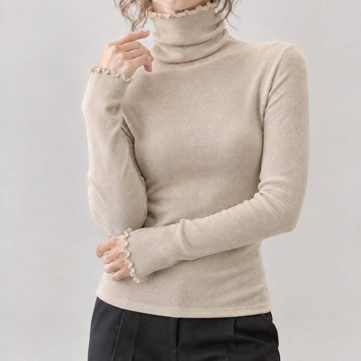 Aurora Lettuce Edge Turtleneck - Khaki