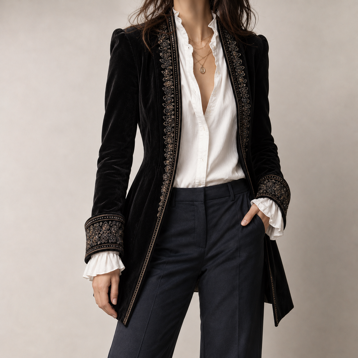 Felicie Embroidered Velvet Jacket - Black