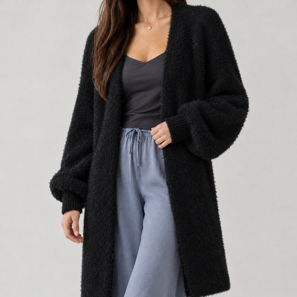 Fabiola Fuzzy Longline Cardigan - Black