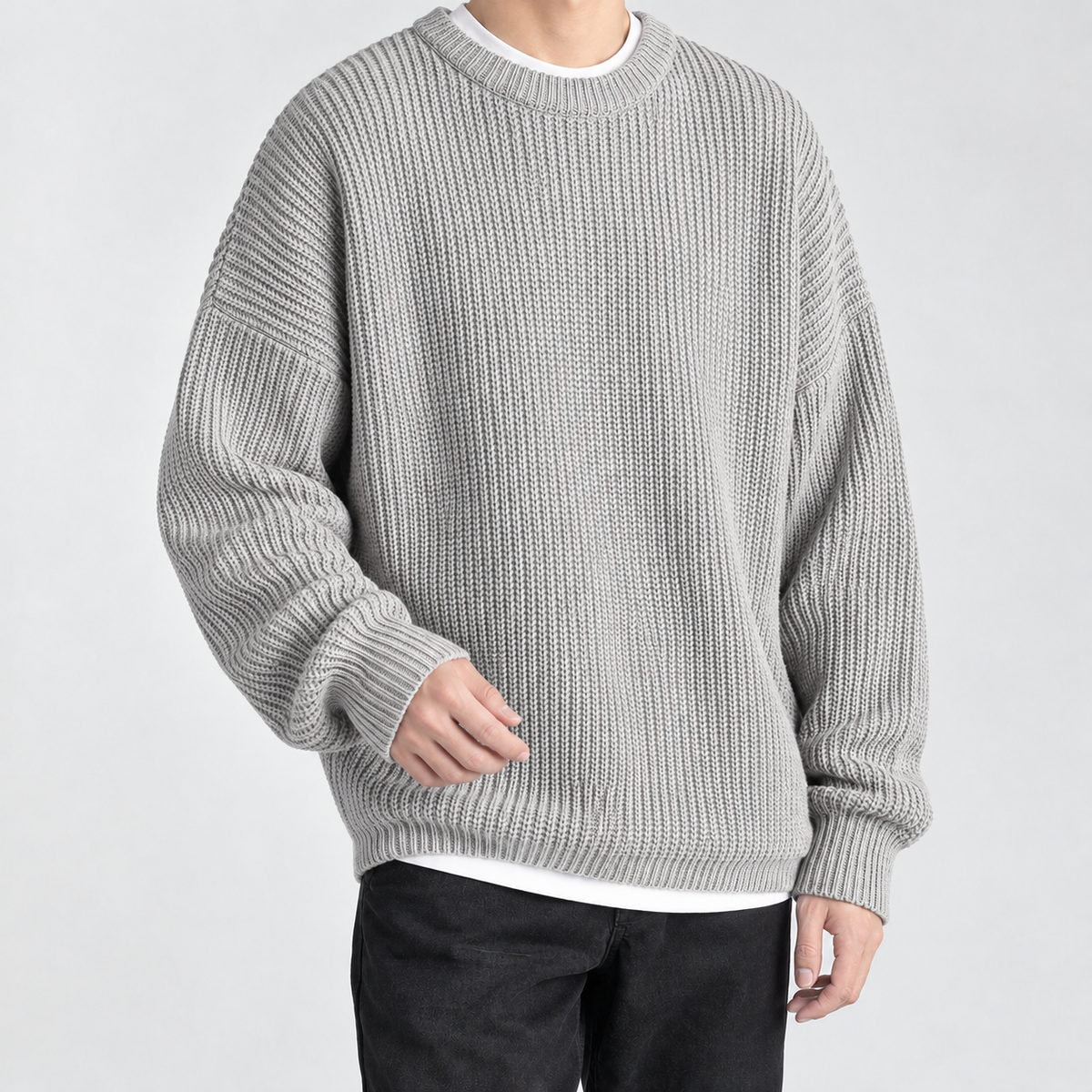 Sebastien Ribbed Crew Neck Sweater - Light Gray