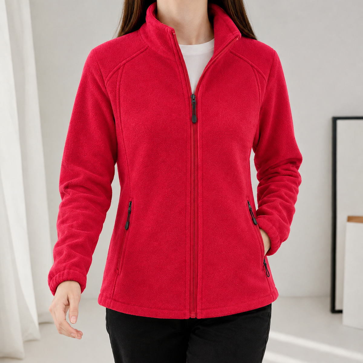Noelle Stand Collar Fleece Jacket - Red