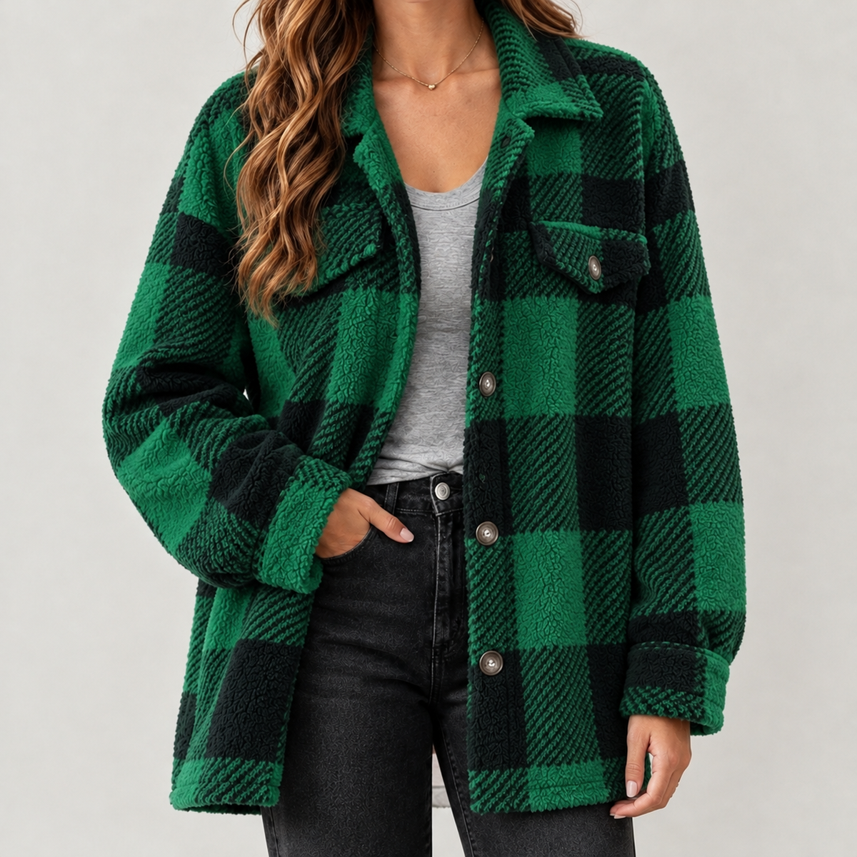 Maribel Plush Plaid Jacket - Green