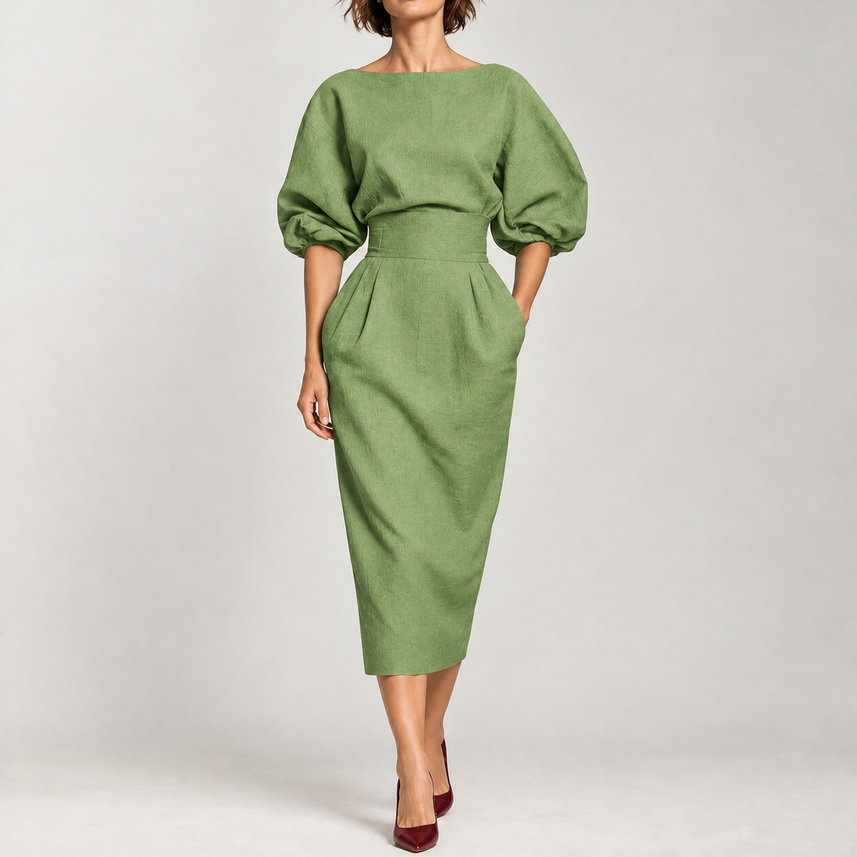 Anke Pleated Midi Dress - Yellowish Green