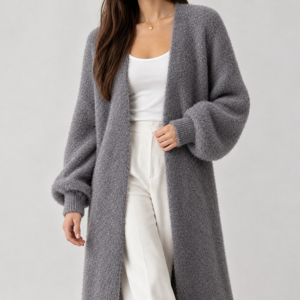 Fabiola Fuzzy Longline Cardigan - Gray