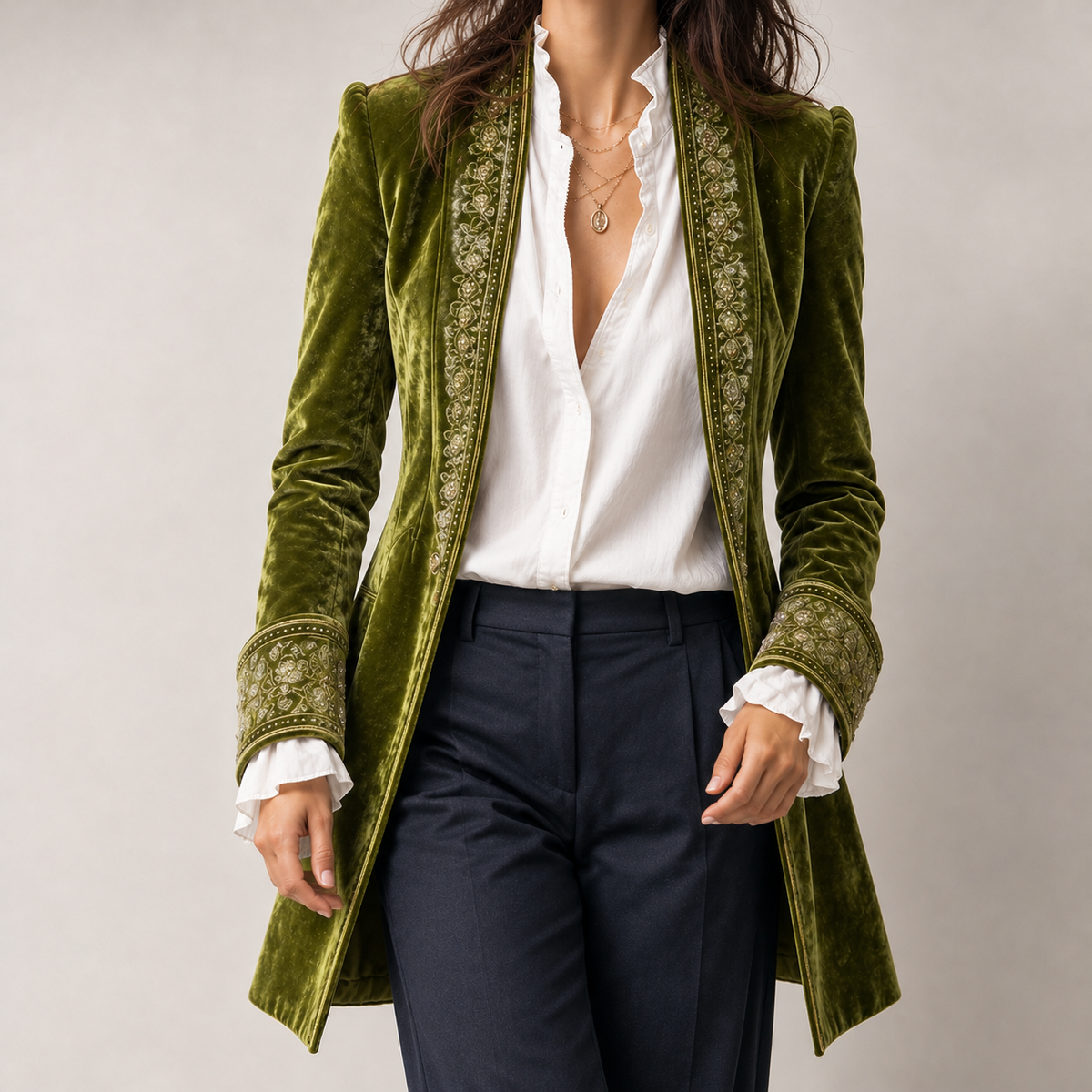 Felicie Embroidered Velvet Jacket - Olive Green