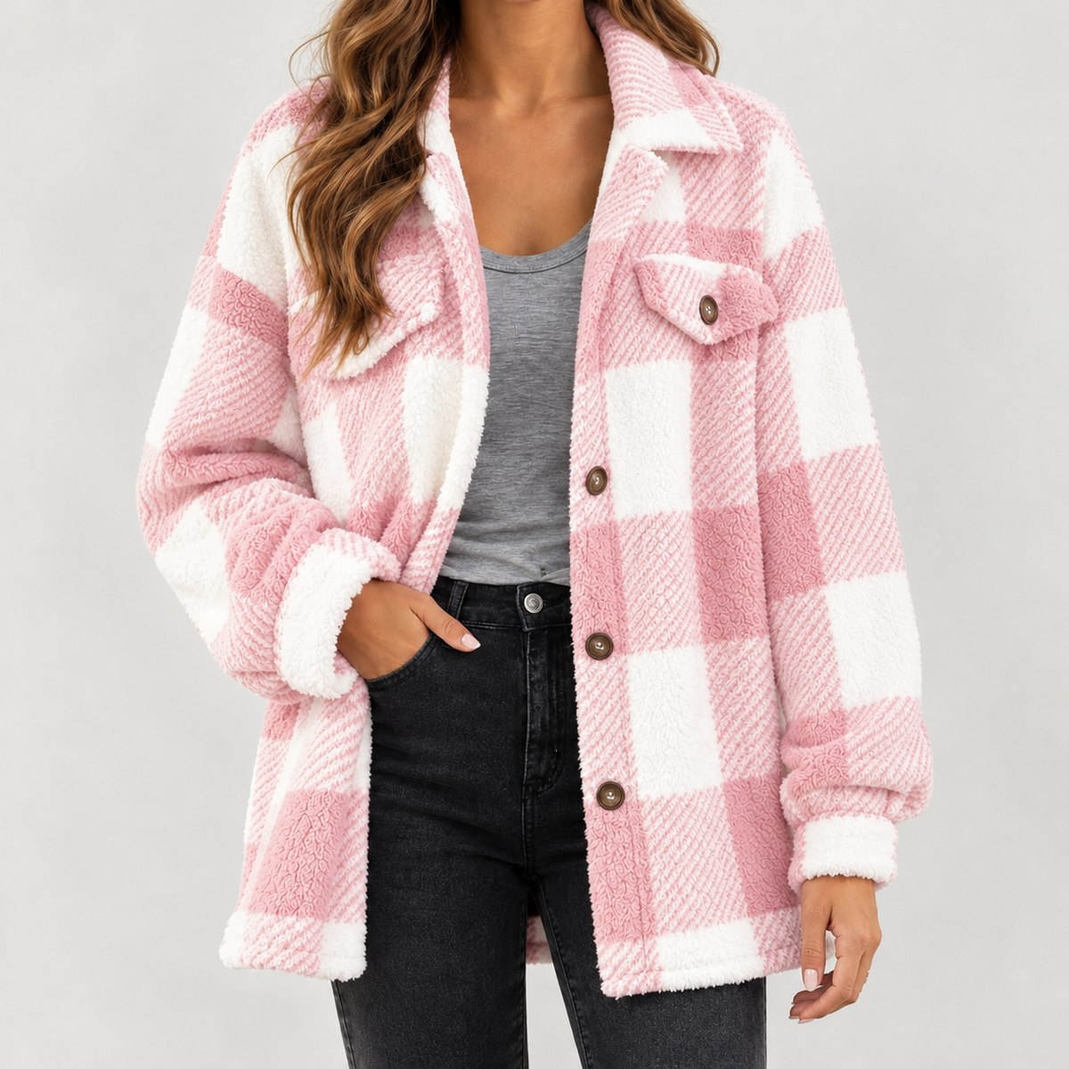 Maribel Plush Plaid Jacket - Pink