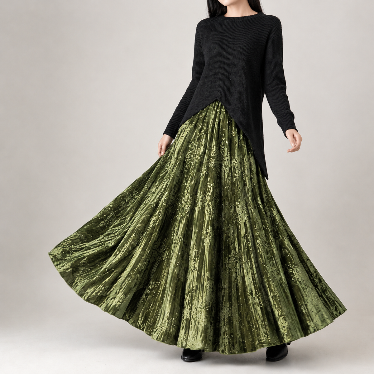 Vicenta Velvet Maxi Skirt - Olive Green