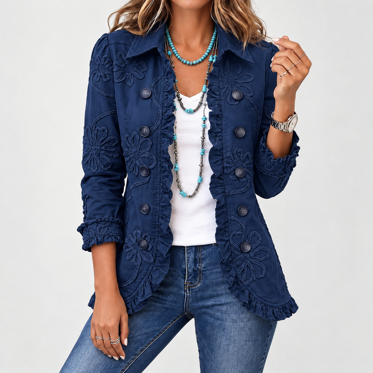 Hermine Floral Ruffle Jacket - Dark Blue