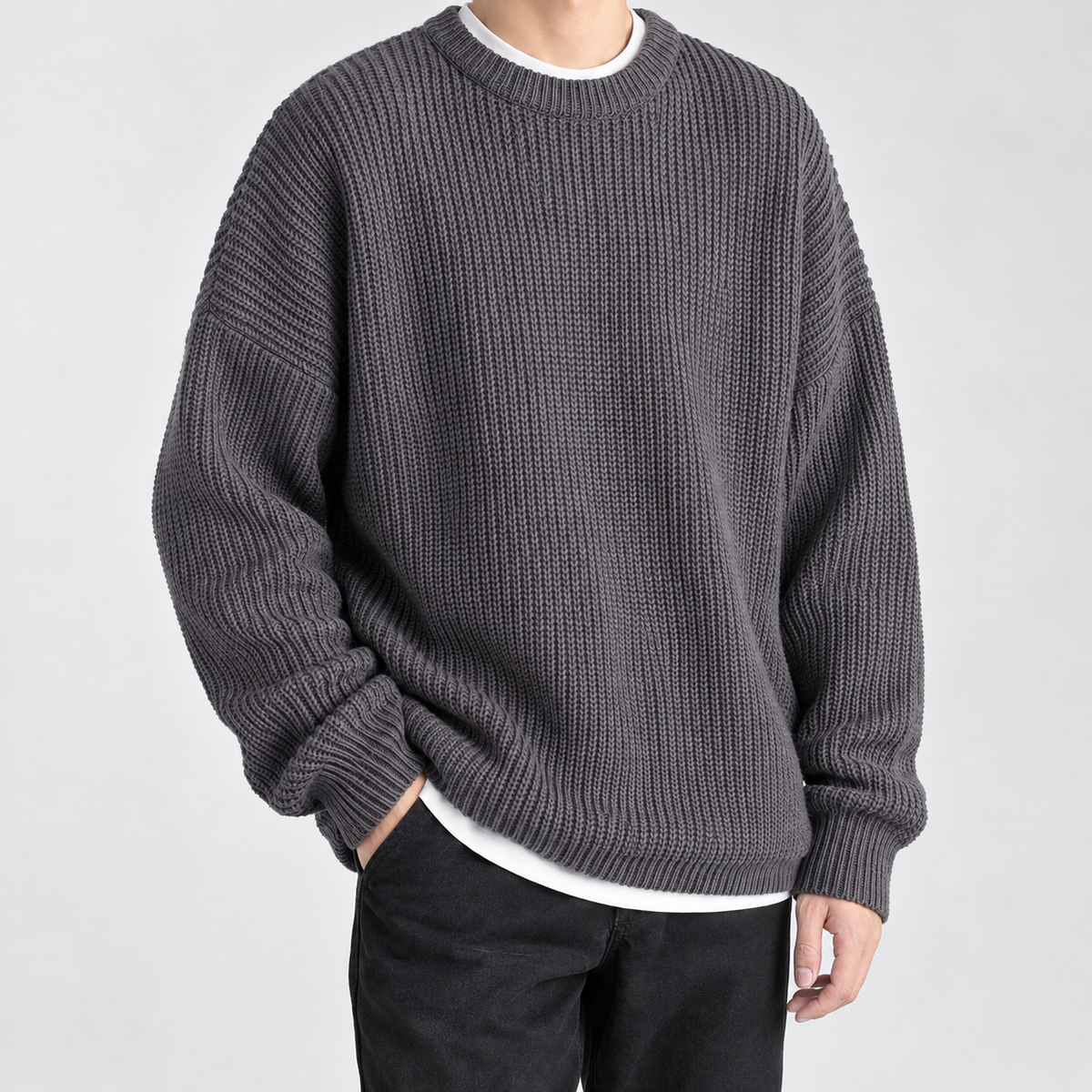 Sebastien Ribbed Crew Neck Sweater - Dark Gray