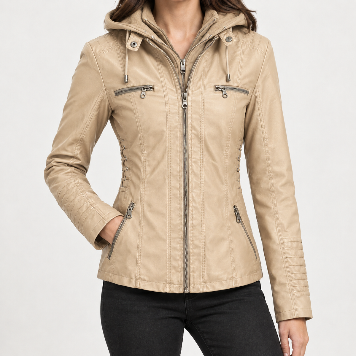 Clarisse Hooded Leather Jacket - Apricot