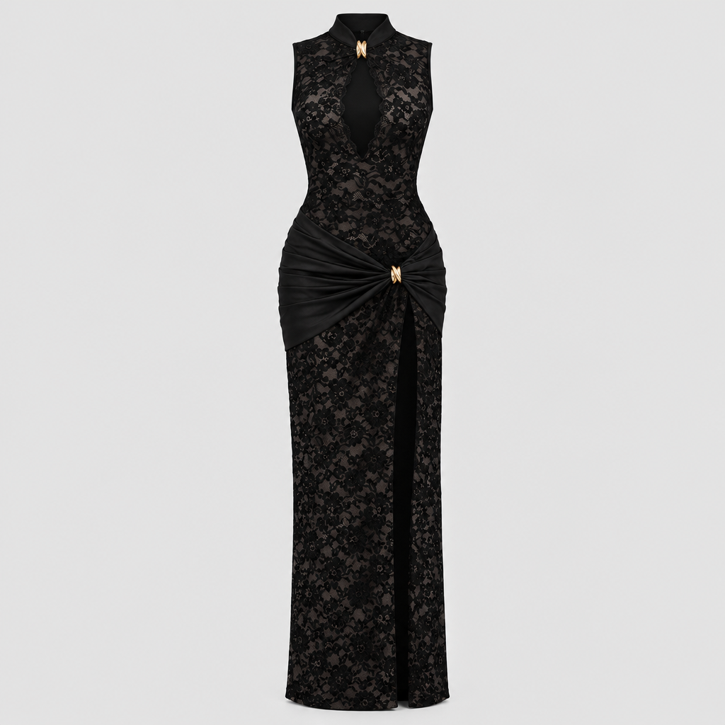 Maria Plunge Lace Dress - Black